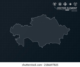Mapa de Kazajistán del marco digital negro HUD, GUI, interfaz de interfaz de usuario vector de radar.