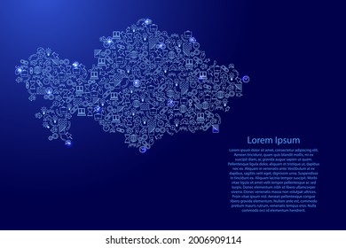 Kazakhstan map from blue and glowing stars icons pattern set of SEO analysis concept or development, business. Vector illustration.