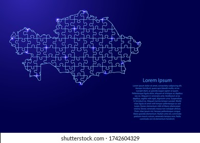 Kazakhstan map from blue pattern composed puzzles and glowing space stars. Vector illustration.