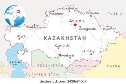 Kasachstan Karte mit der Hauptstadt Astana, den wichtigsten Städten und nationalen Grenzen