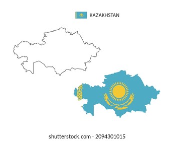 Kazakhstan map city vector divided by outline simplicity style. Have 2 versions, black thin line version and color of country flag version. Both map were on the white background.