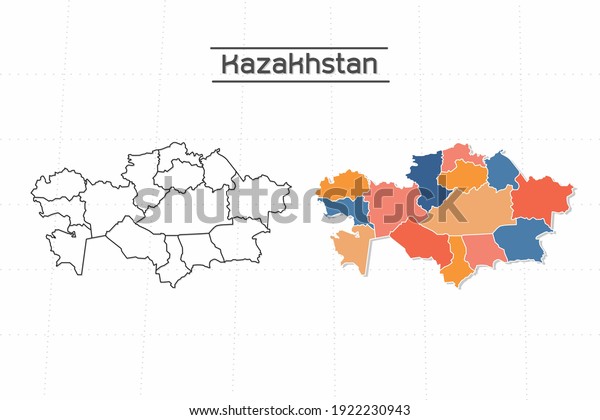 Kazakhstan map city vector\
divided by colorful outline simplicity style. Have 2 versions,\
black thin line version and colorful version. Both map were on the\
white background.