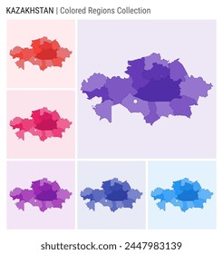 Kazakhstan map collection. Country shape with colored regions. Deep Purple, Red, Pink, Purple, Indigo, Blue color palettes. Border of Kazakhstan with provinces for your infographic.