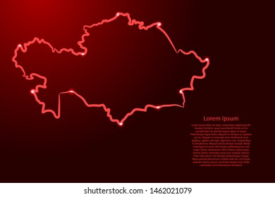 Kazakhstan map from the contour red brush lines different thickness and glowing stars on dark background. Vector illustration.