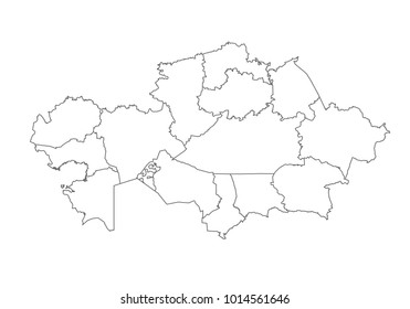 kazakhstan map with country borders, thin black outline on white background. High detailed vector map with counties/regions/states - kazakhstan. contour, shape, outline, on white.