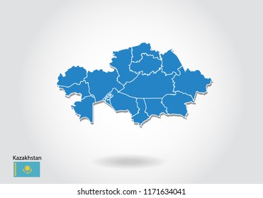 Kazakhstan map design with 3D style. Blue Kazakhstan map and National flag. Simple vector map with contour, shape, outline, on white.
