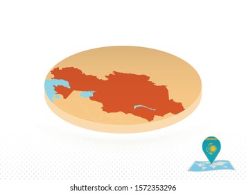 Kazakhstan map designed in isometric style, orange circle map of Kazakhstan for web, infographic and more.