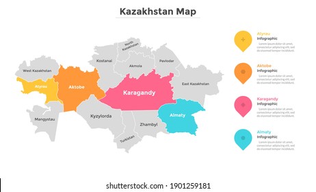 Kazakhstan map divided into federal states. Territory of country with regional borders. Administrative division. Infographic design template. Vector illustration for touristic guide, banner.