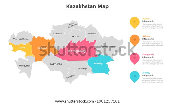 Kazakhstan map divided into federal states.\
Territory of country with regional borders. Administrative\
division. Infographic design template. Vector illustration for\
touristic guide,\
banner.