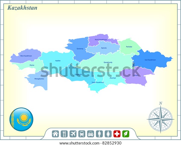 Kazakhstan Map with Flag Buttons\
and Assistance & Activates Icons Original\
Illustration