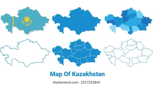 Mapa do Cazaquistão com bandeira e conjunto de ilustração de vetor de contorno plano