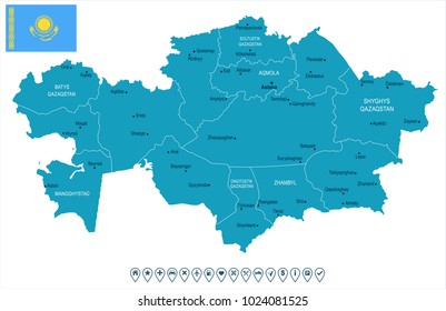 Kazakhstan map and flag - High Detailed Vector Illustration