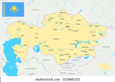 Kazakhstan map and flag - High Detailed Vector Illustration
