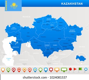 Kazakhstan map and flag - highly detailed vector illustration