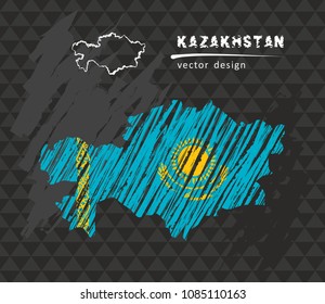 Kazakhstan map with flag inside on the black background. Chalk sketch vector illustration