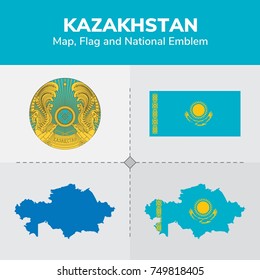 Kazakhstan Map, Flag and National Emblem 