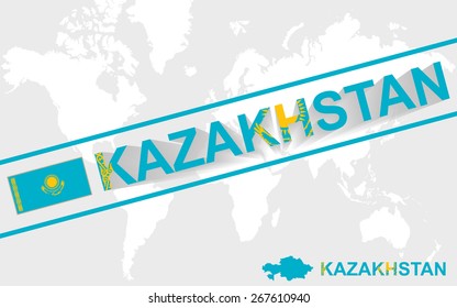 Kazakhstan map flag and text illustration, on world map