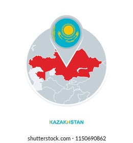 Kazakhstan map and flag, vector map icon with highlighted Kazakhstan