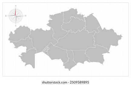 Mapa do Cazaquistão com estilo cinza e elemento compas.