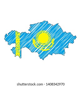 Kazakhstan map hand drawn sketch. Vector concept illustration flag, childrens drawing, scribble map. Country map for infographic, brochures and presentations isolated on white background. Vector