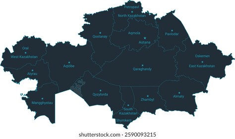 Kazakhstan map high detailed with administrative divide by state, capital cities names, outline simplicity style. Vector illustration EPS10.