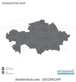 Kazakhstan map high detailed with regions and cities of the country on white background. Vector illustration EPS10.