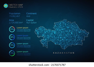 Kazakhstan map infographics vector template with abstract geometric mesh polygonal light concept on blue background. Template for diagram, graph, presentation and chart.