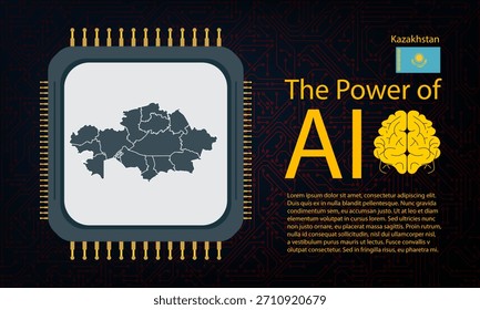 Kazakhstan map with microchip war and AI concept on circuit board, Power of AI with country map. Global connectivity with big data. Design for UI backgrounds or FinTech projects.