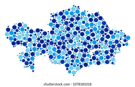 Kazakhstan Map mosaic of small circles in variable sizes and blue color tints. Randomized round elements are composed into Kazakhstan Map mosaic. Vector cartography blue map vector illustration.