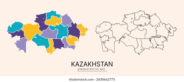 Cazaquistão Mapa com distritos administrativos separados por várias cores, camadas separadas editáveis, zonas e bordas. Mapa para apresentação. Ilustração vetorial
