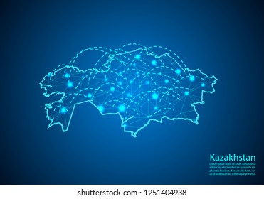 kazakhstan map with nodes linked by lines. concept of global communication and business. Dark kazakhstan map created from white dots with travel locations or internet connection.