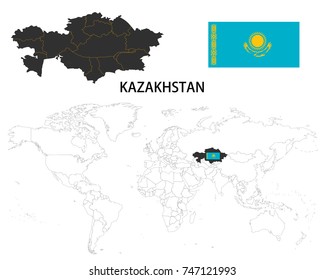 Kazakhstan map on a world map with flag on white background.