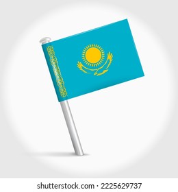 Kazakhstan map pin flag icon. Kazakh pennant map marker on a metal needle. 3D realistic vector illustration.