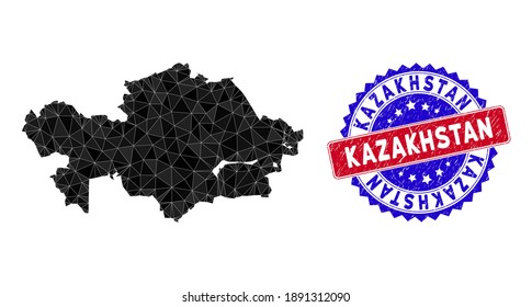 Kazakhstan map polygonal mesh with filled triangles, and unclean bicolor stamp seal. Triangle mosaic Kazakhstan map with mesh vector model, triangles have various sizes, and positions,