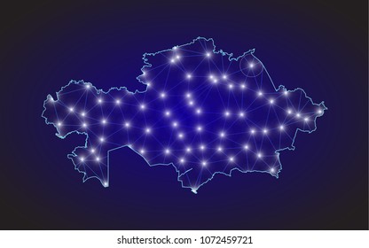 Kazakhstan map of polygonal mosaic lines network, rays and space stars of vector illustration