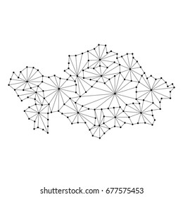 Kazakhstan map of polygonal mosaic lines network, rays and dots vector illustration.