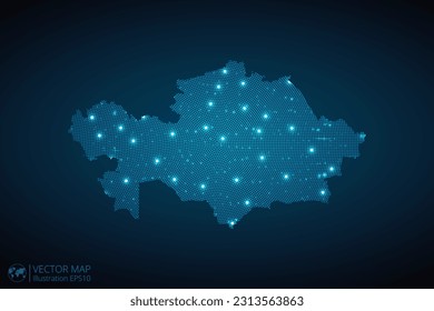 Kazakhstan map radial dotted pattern in futuristic style, design blue circle glowing outline made of stars. concept of communication on dark blue background. Vector EPS10
