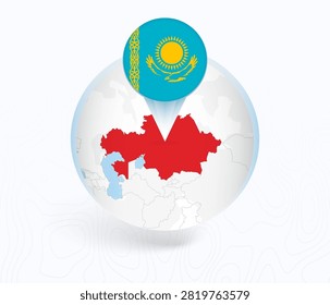 Kazakhstan Map with Round Kazakhstan Flag Pin Pointer on Circular Globe. Vector map icon.