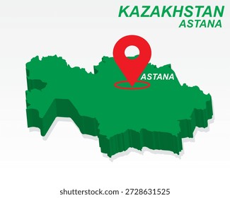 Kasachstan Karte Vektor, Astana Hauptstadt Marker auf grüner 3D-Landschaft, Kasachstan Infografik Design, bearbeitbare Zielzeiger Kasachstan Geografie