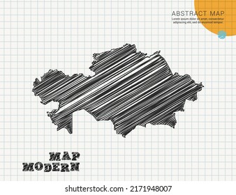 Kazakhstan map of vector black silhouette chaotic hand drawn scribble sketch on grid paper used for notes or decoration.