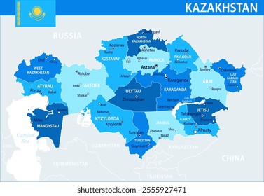 Kazakhstan Map Vector Blue Spot - Customizable layered political map of Kazakhstan with administrative divisions for website, education, reports, news, politics, print, poster and wallpaper