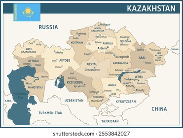 Kazakhstan Map Vector Vintage Dark Blue Beige - Customizable layered political map of Kazakhstan with administrative divisions for website, education, reports, news, politics, print, poster and wallpa