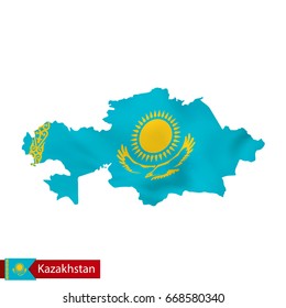 Kazakhstan map with waving flag of country. Vector illustration.