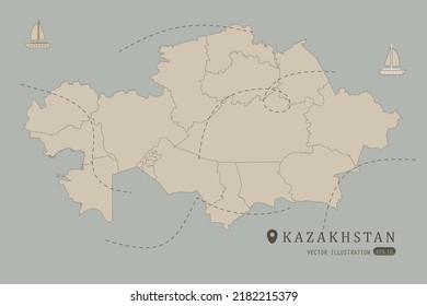 Karte Kasachstan - Weltkarte Internationale Vektorvorlage Hoch detailliert mit brauner Farbe einzeln auf grauem Hintergrund einschließlich einfacher Lage, Wind, Boot-Symbol - Vektorgrafik eps10