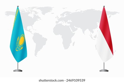 Kazakhstan and Monaco flags for official meeting against background of world map.