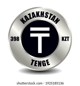 Kazakhstan money icon isolated on round silver coin. Vector sign of currency symbol with international ISO code and abbreviation