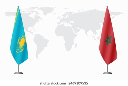 Kazakhstan and Morocco flags for official meeting against background of world map.