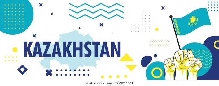 Kazakhstan national day banner with Kazakhstan flag blue and yellow colors theme background and geometric abstract retro modern design, people protest or Kazakhstan supporters. Raised Fists Vector Ill