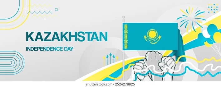 Kazakhstan national or independence day creative banner in flag colors. Modern abstract art for holiday celebration, republic day greeting card, poster sport and music event. Horizontal template