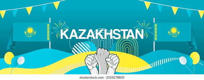 Kazakhstan national or independence day creative banner in flag colors. Modern abstract art for holiday celebration, republic day greeting card, poster sport and music event. Horizontal template
